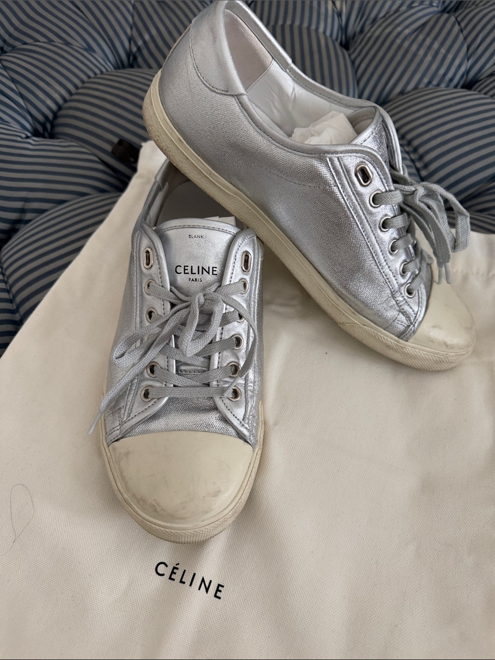 Celine blank Silver Metallic Leather Low-Top Sneakers Sz 40